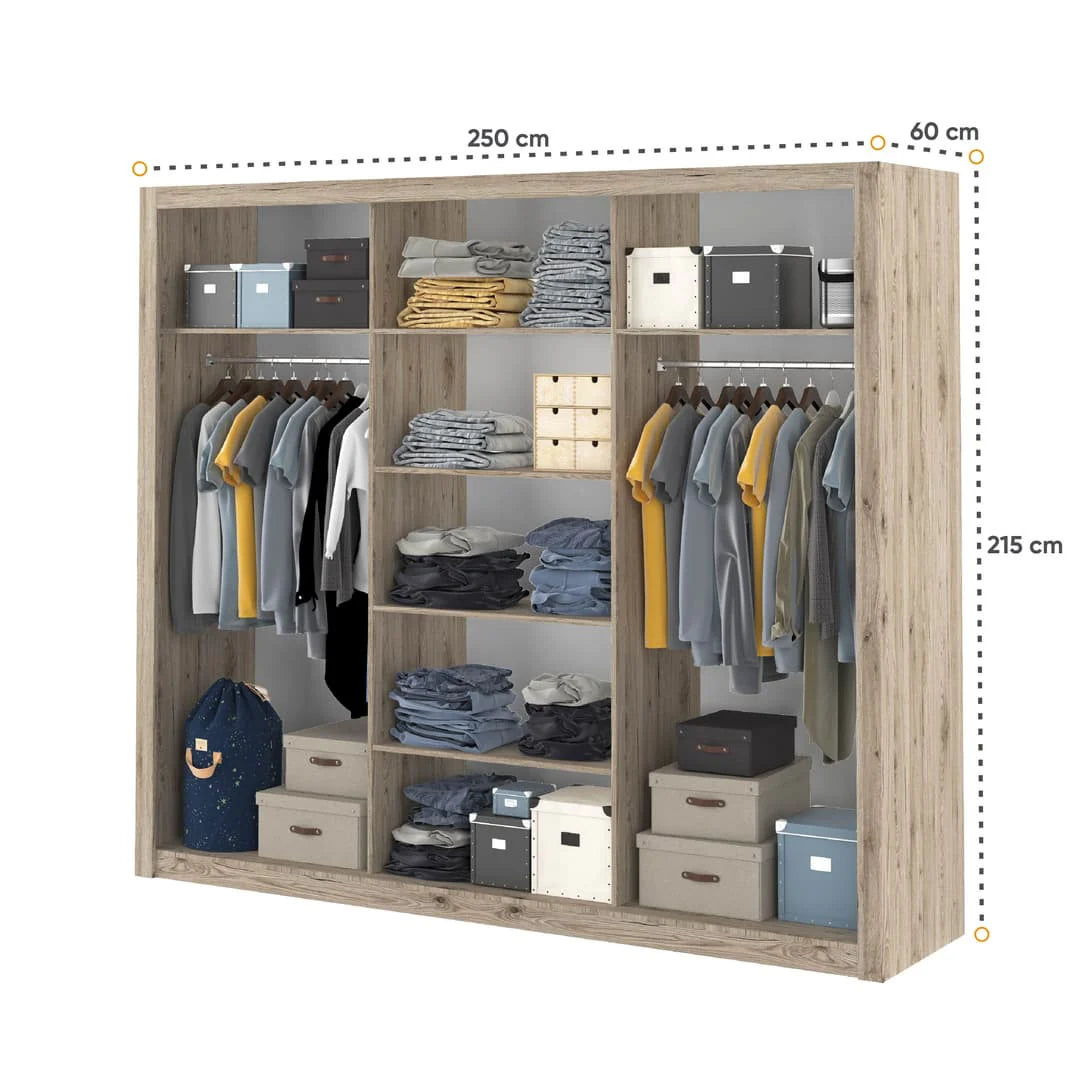 Karon Mirrored Sliding 3 Door Wardrobe 6 Shelves 2 Rails Oak San Remo Effect 250cm