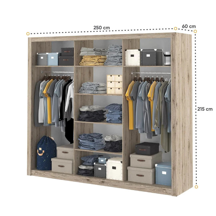 Karon Mirrored Sliding 3 Door Wardrobe 6 Shelves 2 Rails Oak San Remo Effect 250cm