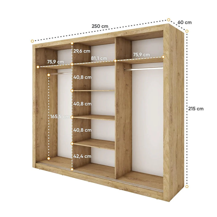 Karon Mirrored Sliding 3 Door Wardrobe 6 Shelves 2 Rails Oak San Remo Effect 250cm