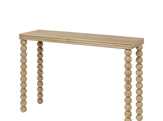 Wooden console table with bead-like leg design on a white background
