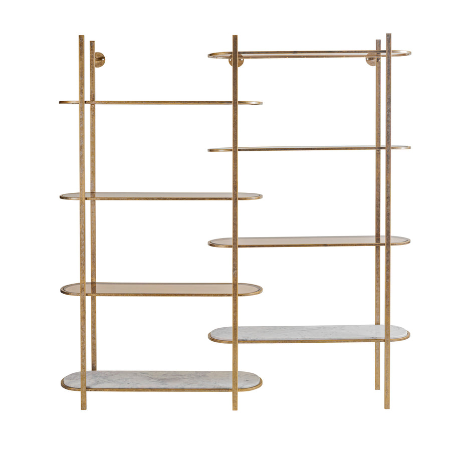 Gold metal shelf with marble shelves on a white background