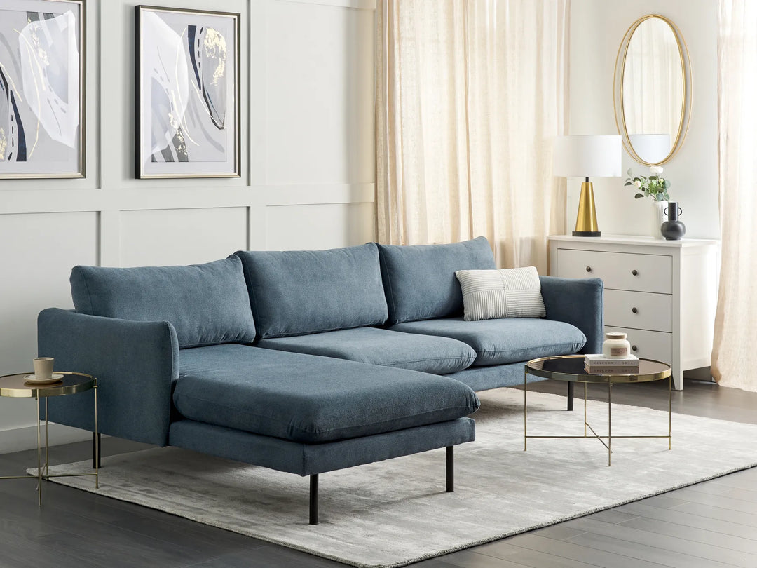 Right hand blue chenille corner sofa living room