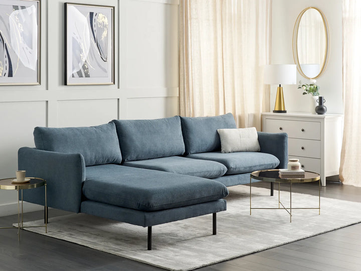 Right hand blue chenille corner sofa living room