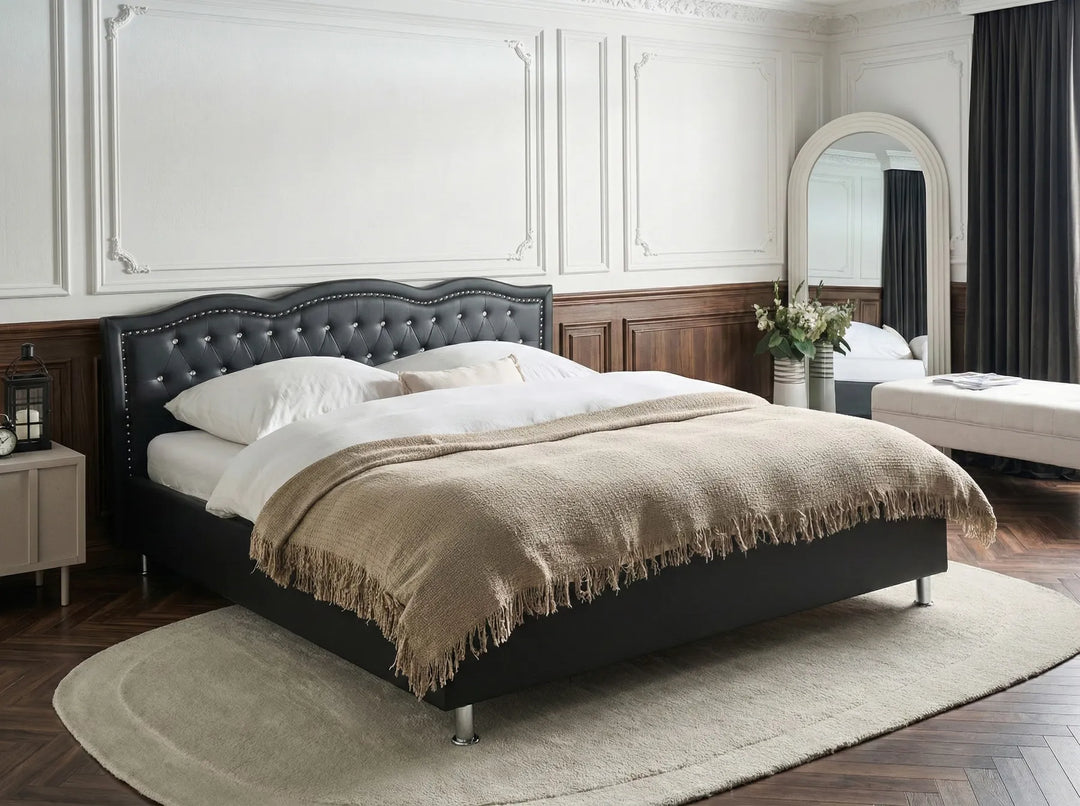Black faux leather super king bed with tufted headboard