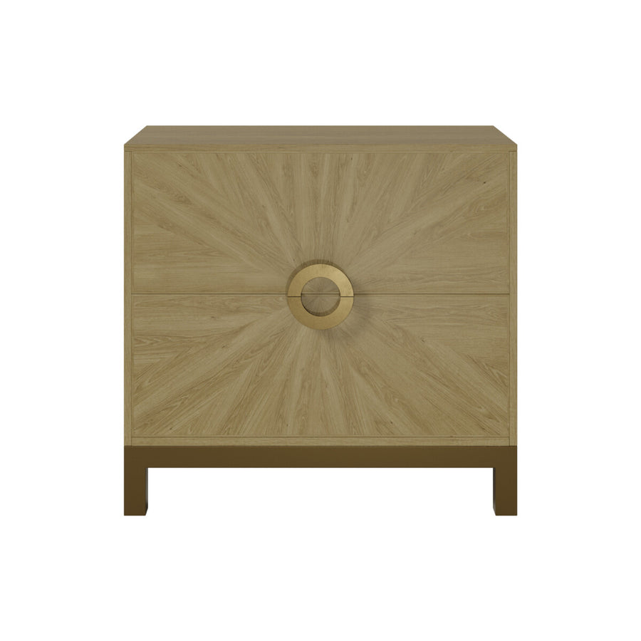 Wooden side table with starburst pattern and central circular design on a white background
