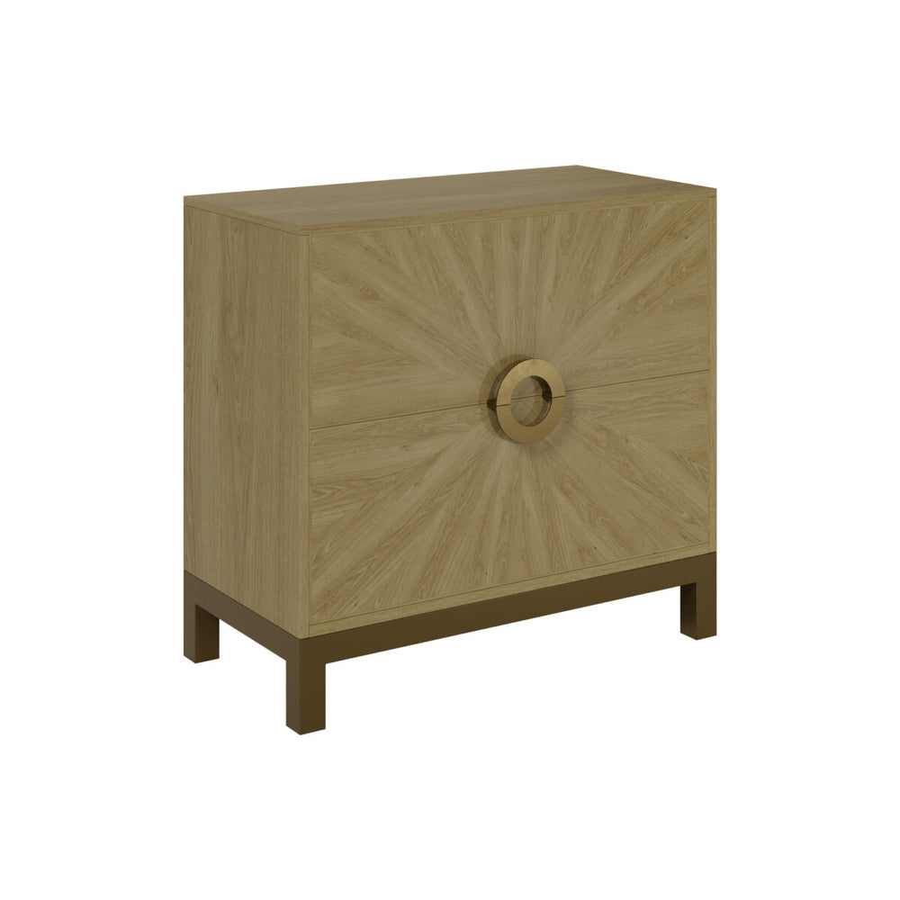 Wooden cabinet with sunburst pattern and circular design on a white background