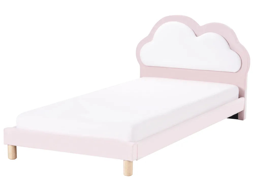 Pink children's bed with cloud-shaped headboard on a white background