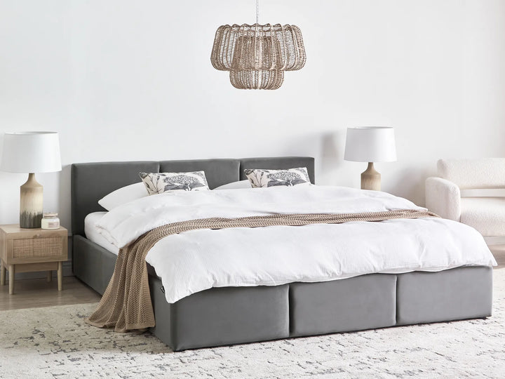 Upholstered velvet bed with gas lift storage base