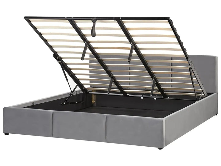 Modern dark grey velvet ottoman bed with slatted frame