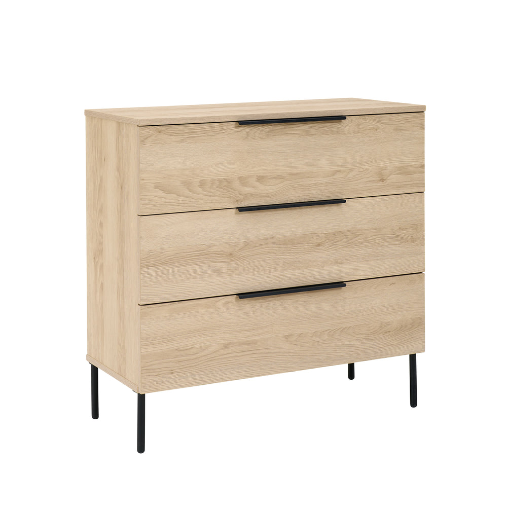 Wooden dresser with three drawers on a white background