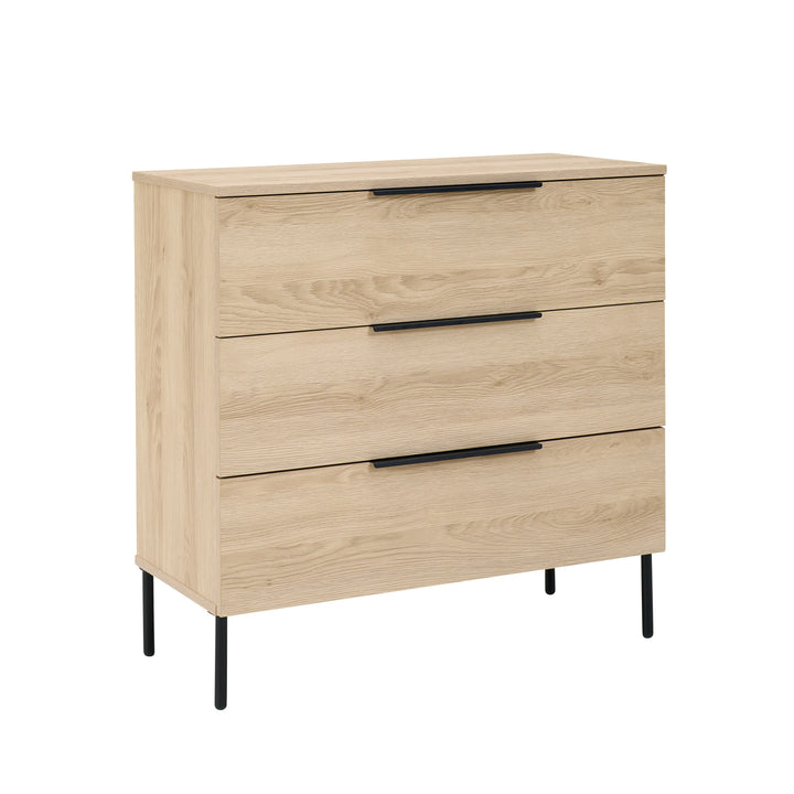 Wooden dresser with three drawers on a white background