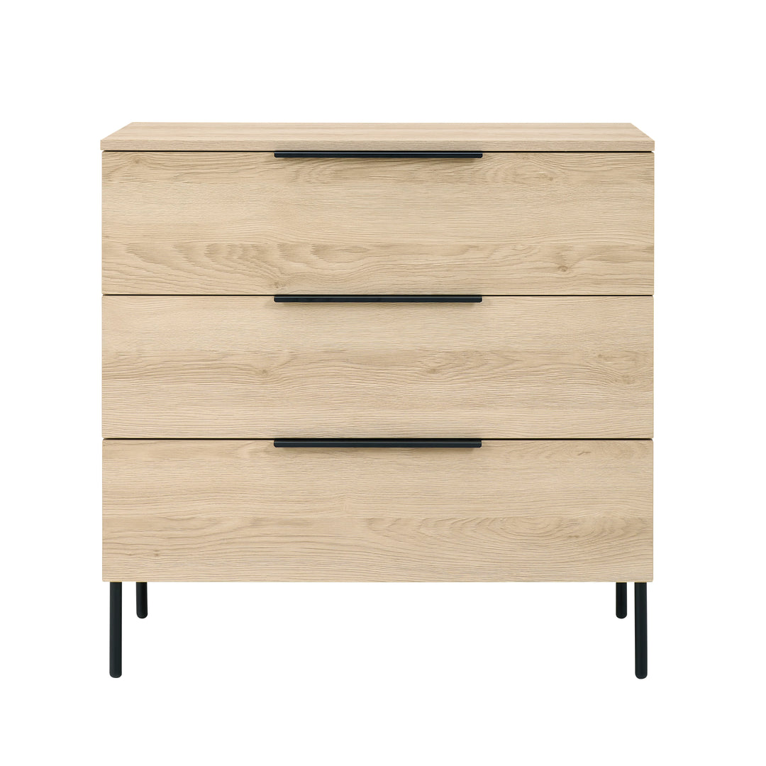 Wooden dresser with three drawers and black handles on a white background