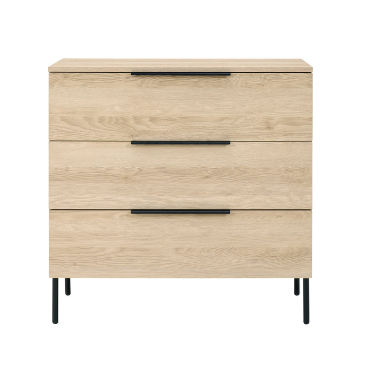 Wooden dresser with three drawers and black handles on a white background