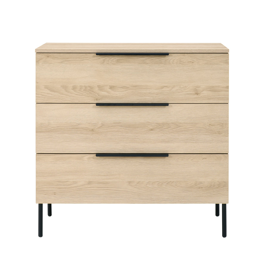 Wooden dresser with three drawers and black handles on a white background
