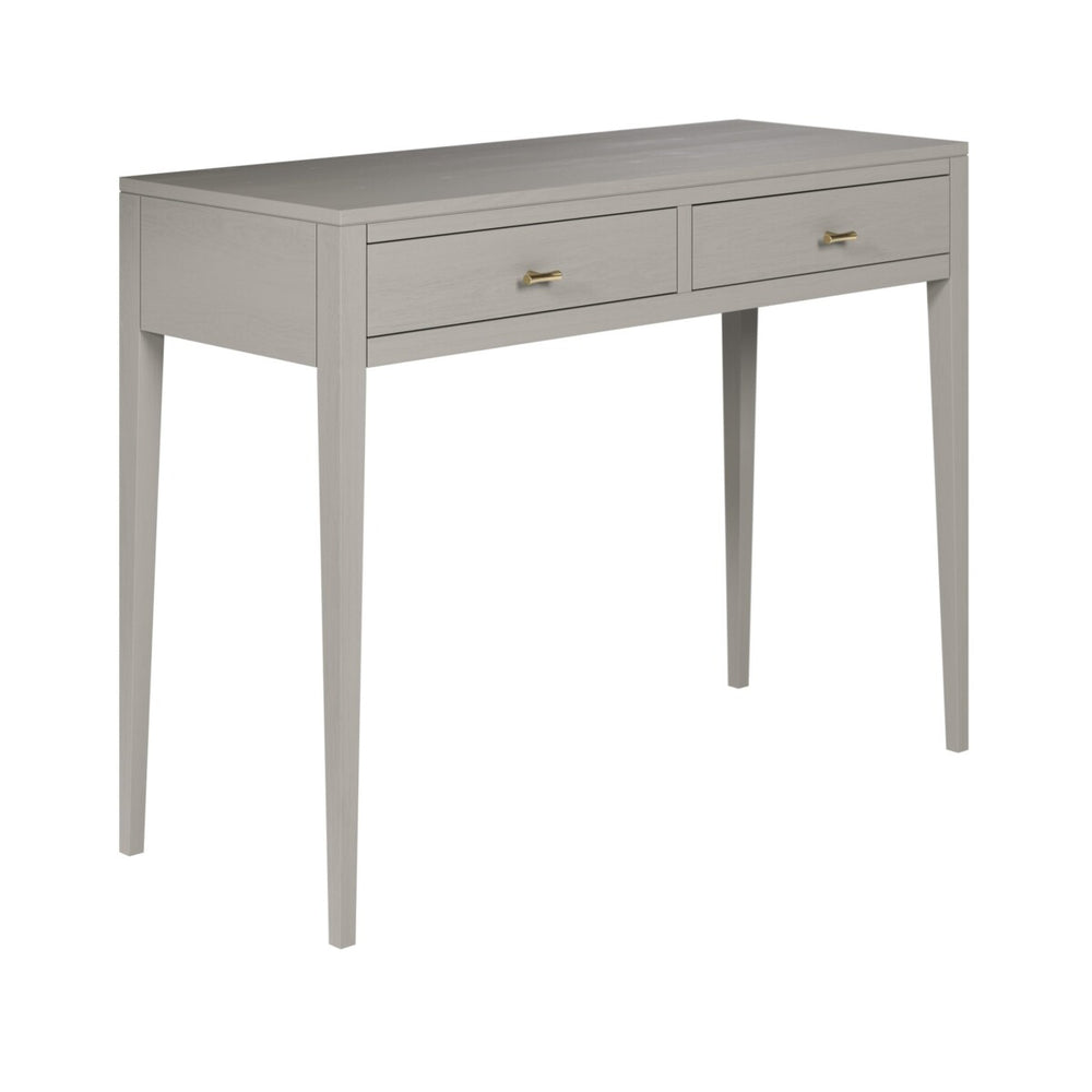 Gray desk with two drawers on a white background