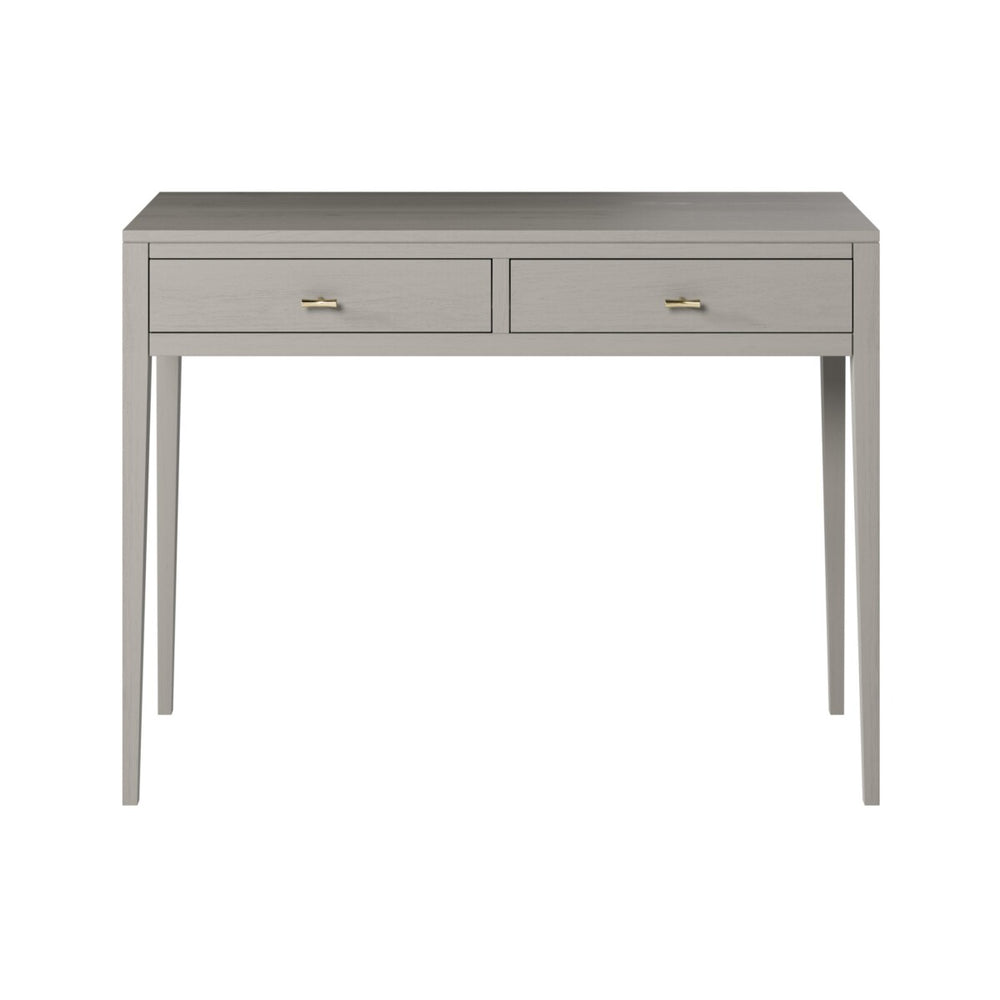 Gray console table with two drawers on a white background