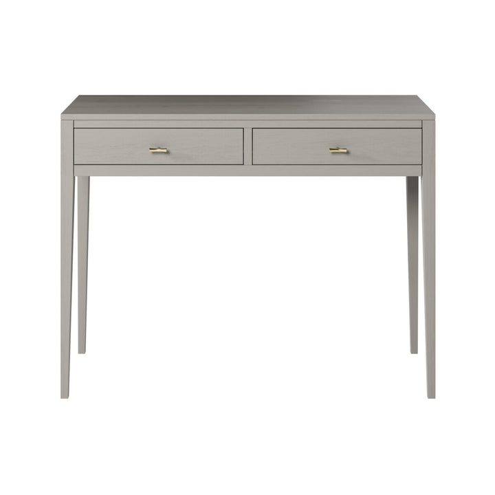 Gray console table with two drawers on a white background