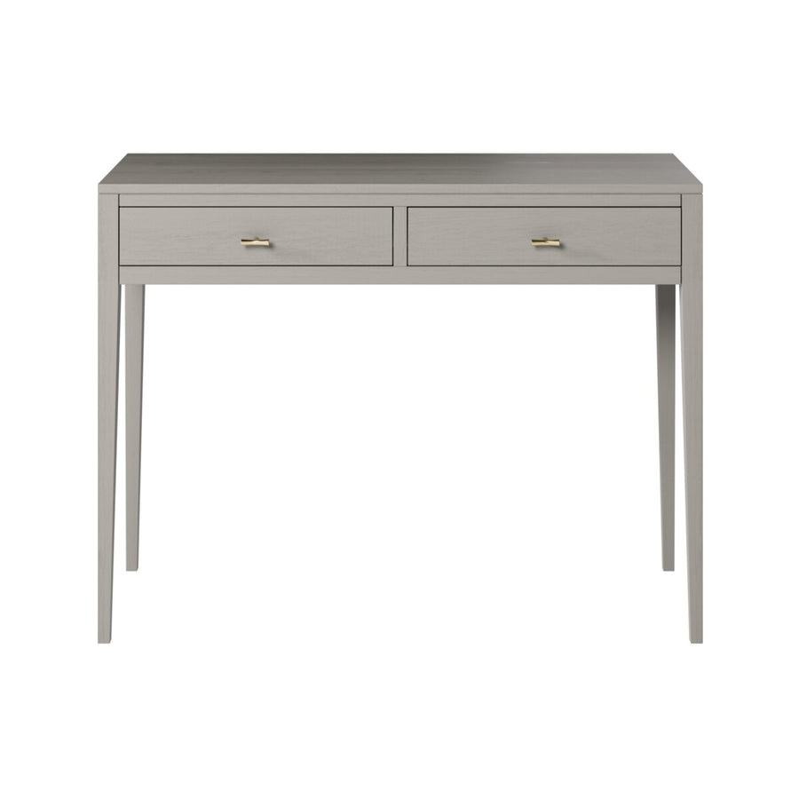 Gray console table with two drawers on a white background