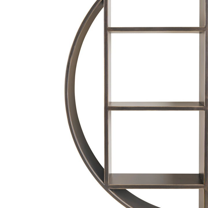 Round metal shelf with four shelves on a white background