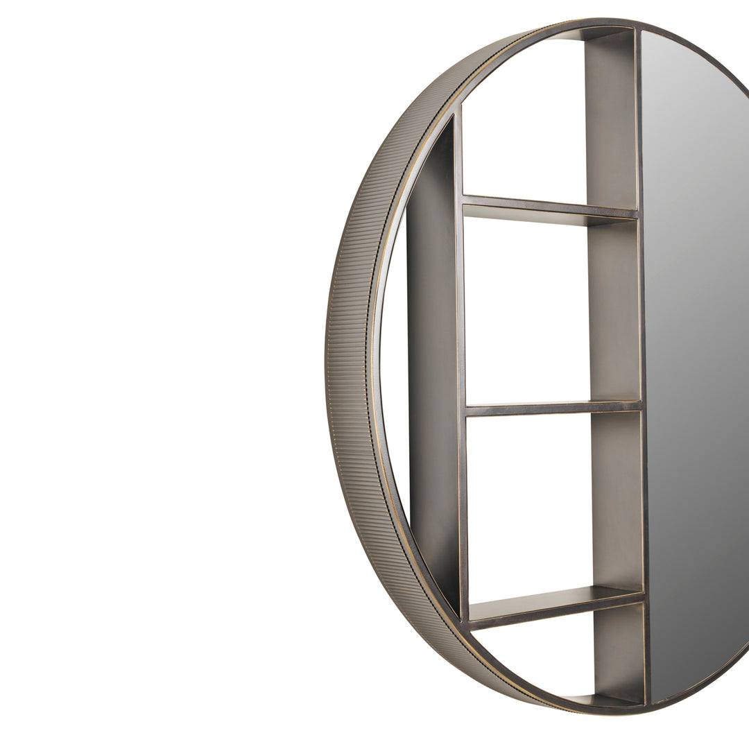 Round metallic shelf with textured rim on a white background