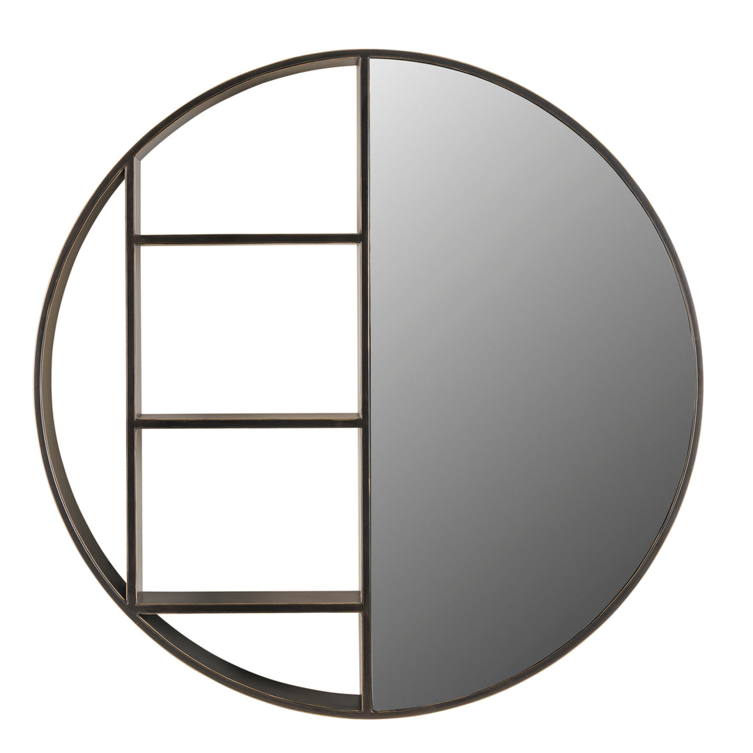 Round mirror with a black metal frame on a white background