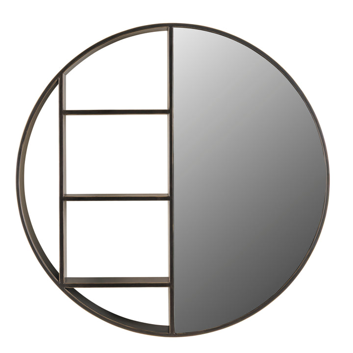 Round mirror with a black metal frame on a white background