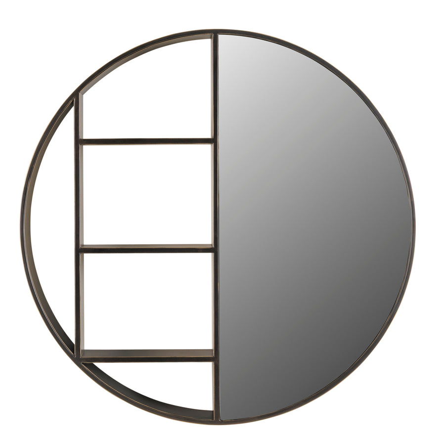 Round mirror with a black metal frame on a white background
