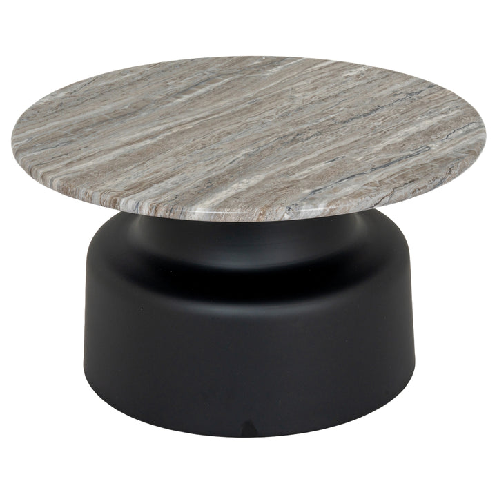 Round coffee table with marble top and black base on a white background
