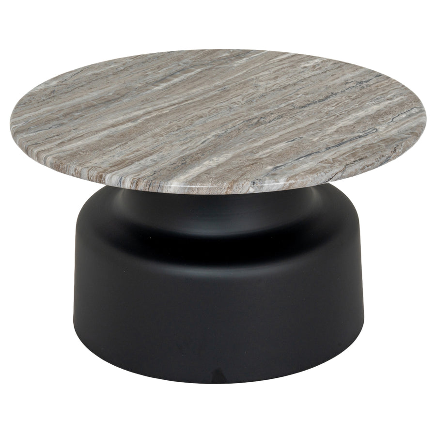 Round coffee table with marble top and black base on a white background