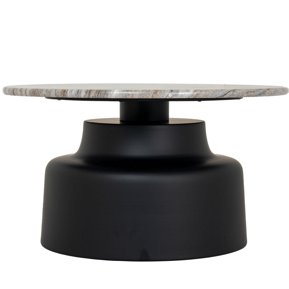Round coffee table with marble top and black base on a white background