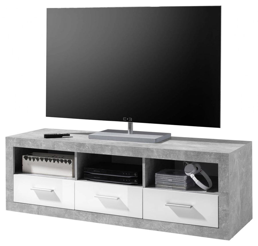 Grey TV stand with a television on top against 