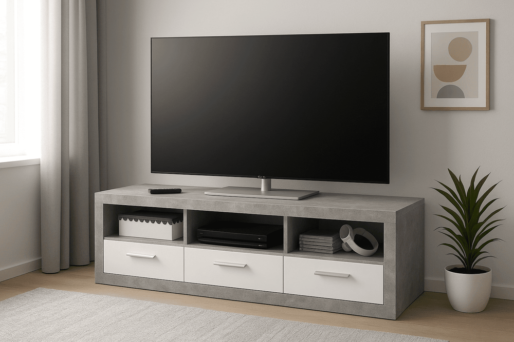Modern grey and white entertainment unit with sleek gloss finish