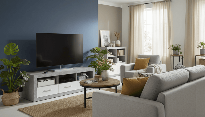 Grey and white gloss TV cabinet with 3 drawers and storage