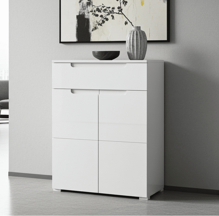 White storage cabinet with drawers and doors in a modern interior setting.