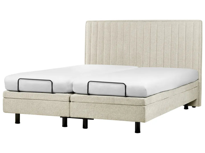 Beige bed frame with white mattress on a white background
