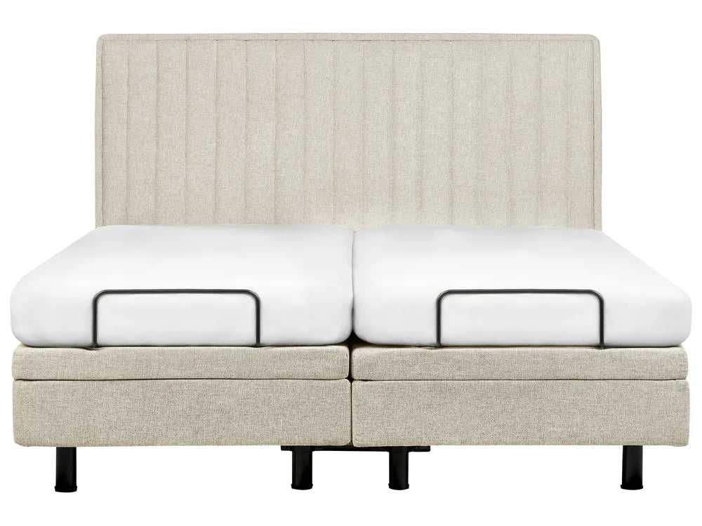Beige and white bed frame with storage boxes on a white background