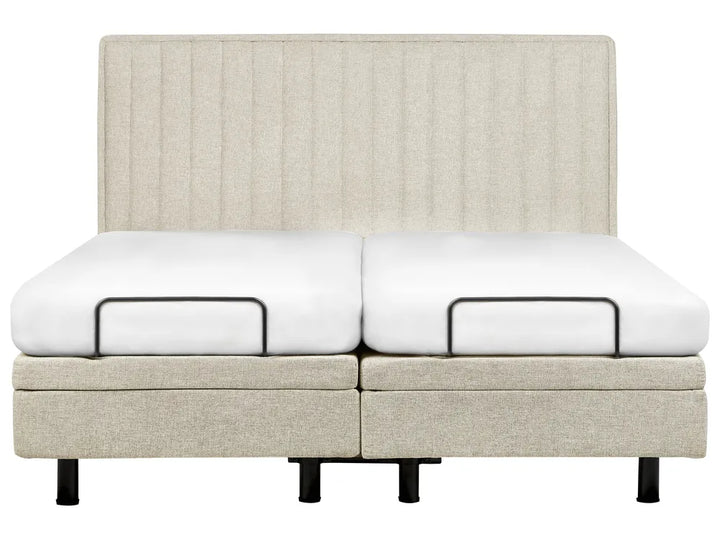 Beige and white bed frame with storage boxes on a white background