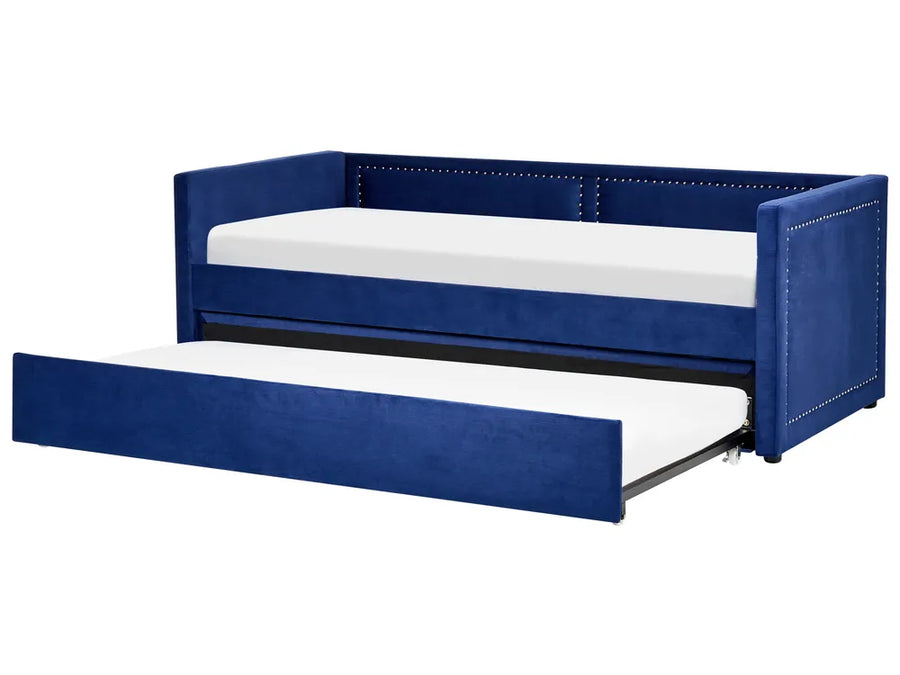 Blue upholstered bed with white mattress on a white background