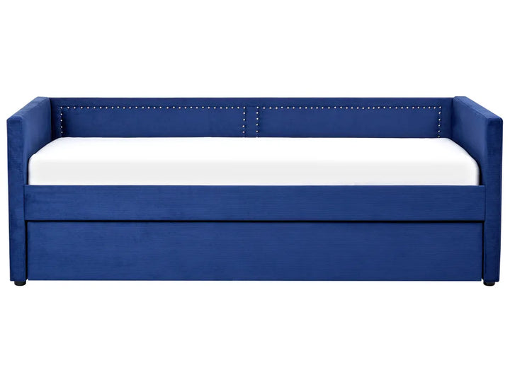 Blue sofa bed with white mattress on a white background