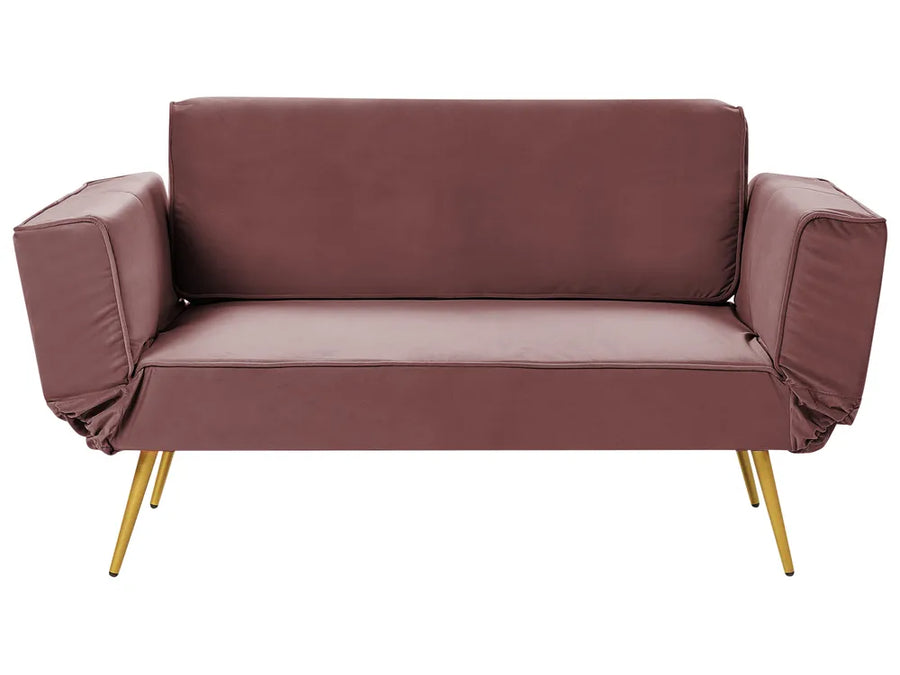 Maroon sofa with gold legs on a white background