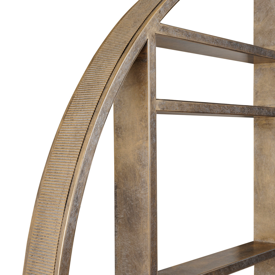 Gold framed mirror with display shelving unit