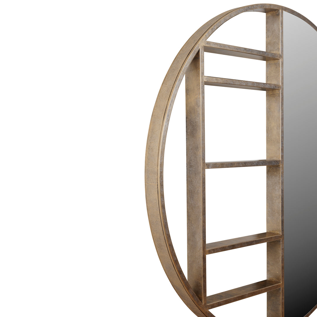 Wall mirror with shelves in aged gold finish