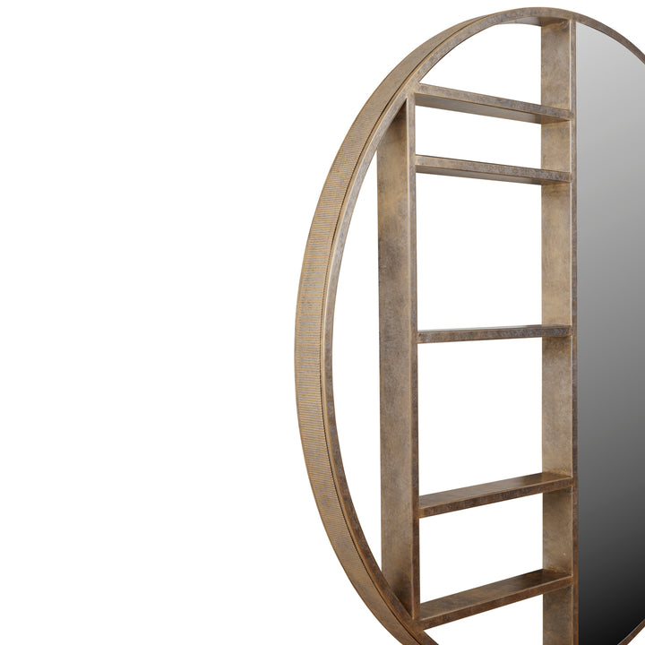Wall mirror with shelves in aged gold finish