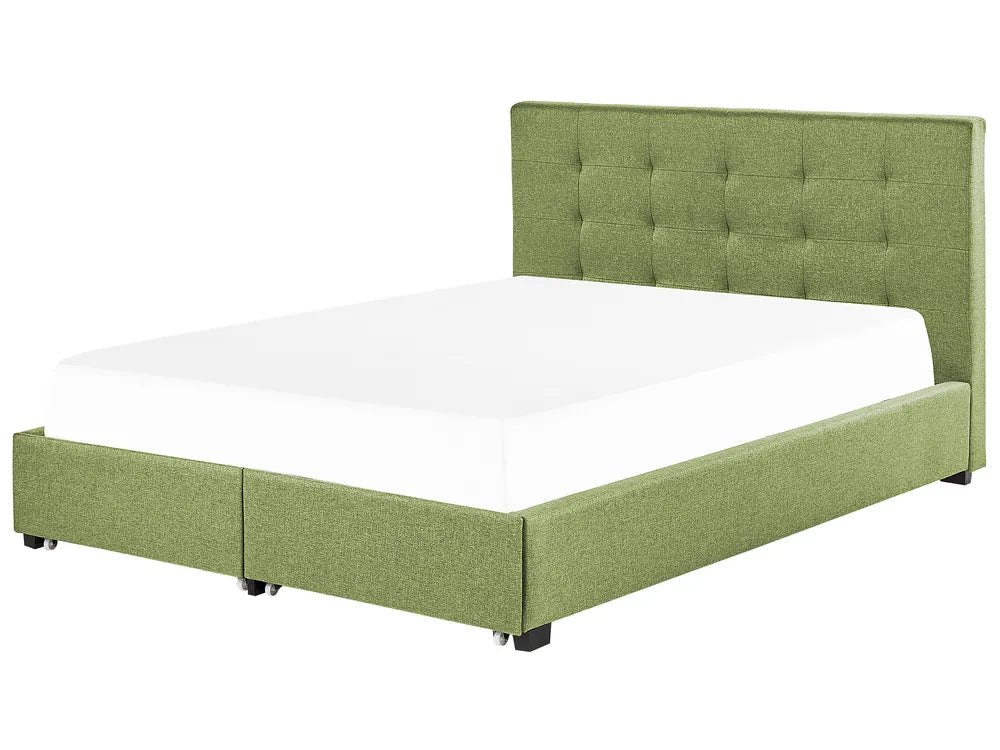 Green upholstered bed with white mattress on a white background