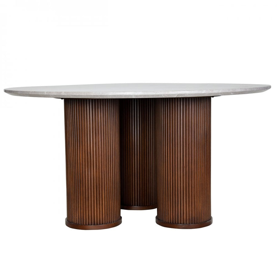 Dining table with marble top and wooden cylindrical legs on a white background