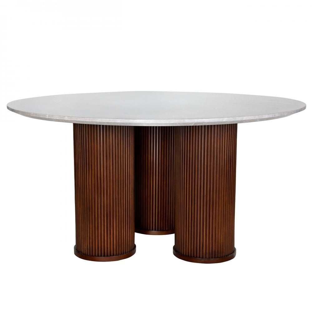 Round table with a white top and brown cylindrical legs on a white background