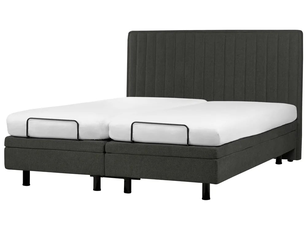 Dark gray bed frame with white mattress and pillows on a white background
