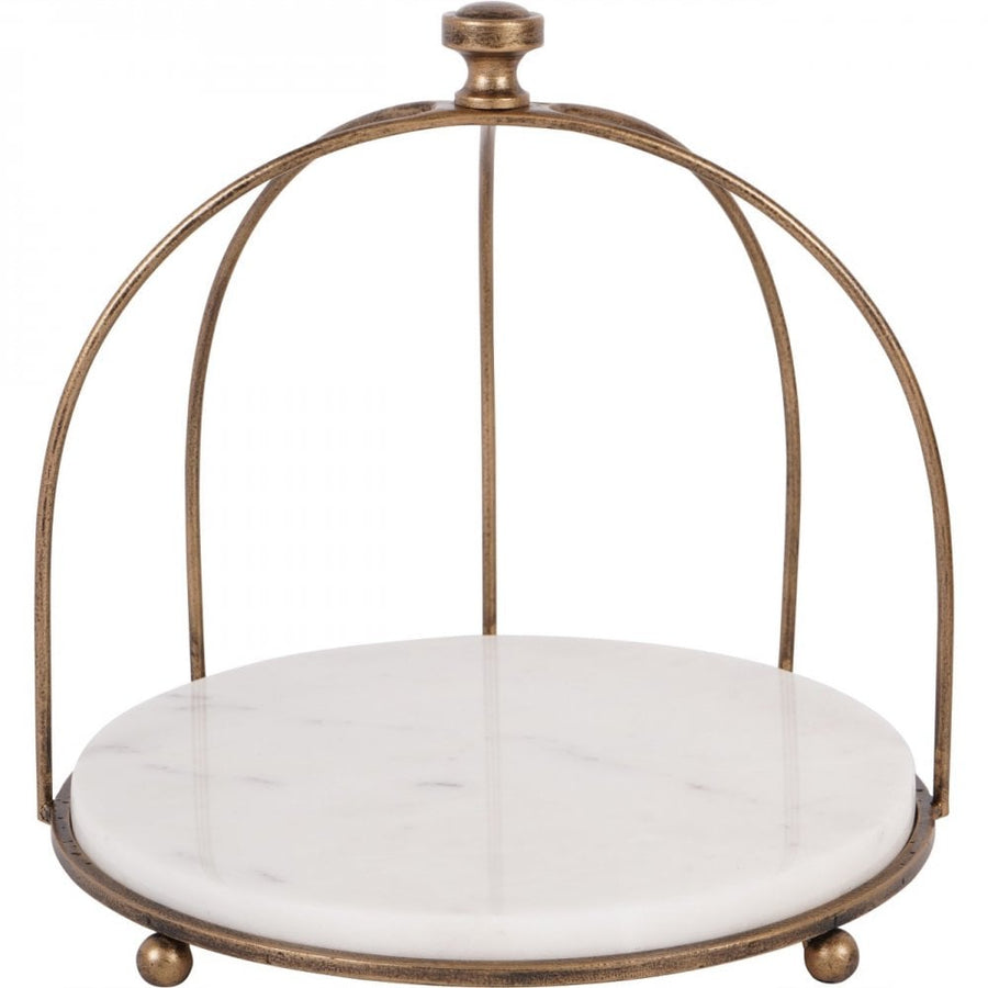 Decorative stand with marble base and gold metal frame on a white background