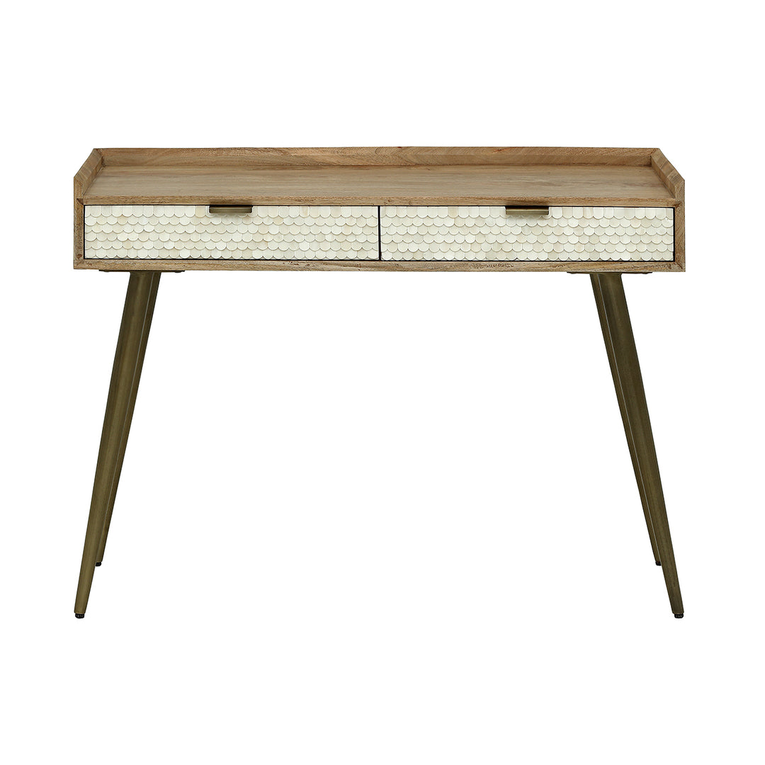 Wooden console table with two drawers on a white background