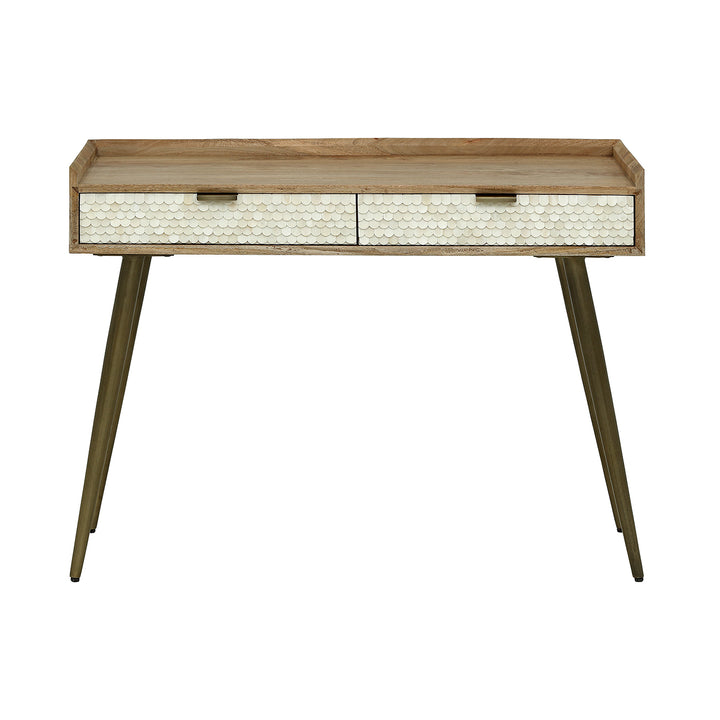 Wooden console table with two drawers on a white background